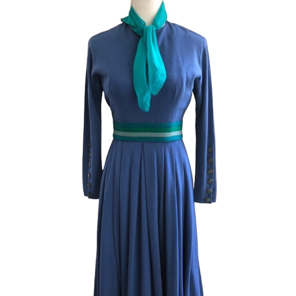 Vintage '60s MCM Designer Career Girls Dress, Blue wool, button accents